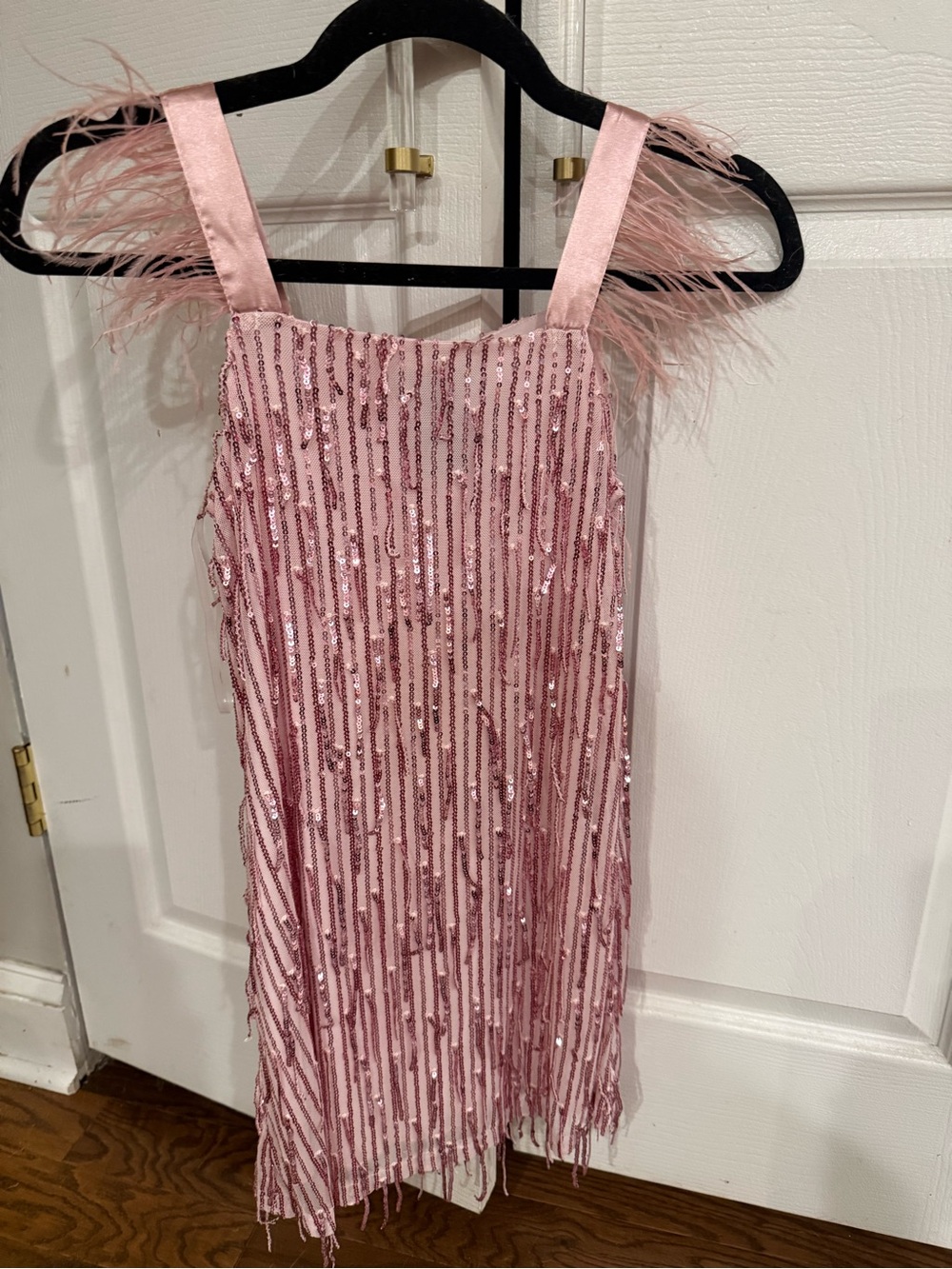Sequined Flapper Mini Dress Pink w/ Feather Straps - size 8